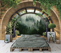 Флизелиновые фотообои в гостиную природа 368x254 см 3D-эффект Окно Терраса Лес в тумане (14085V8) +клей