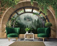 Флизелиновые фотообои природа 312x219 см 3D-эффект Окно Терраса Лес в тумане (14085VEXXL) +клей