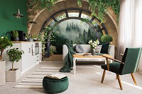 Флизелиновые фотообои на кухню вид из окна 254x184 см 3D-эффект Терраса Лес в тумане (14085V4)+клей