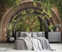 Флизелиновые фотообои арка 368x254 см 3D-эффект Терраса Пейзаж Деревья (14090V8) +клей