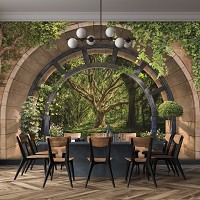 Флизелиновые фотообои 254x184 см Арка 3D-эффект Терраса Пейзаж Деревья (14090V4)+клей