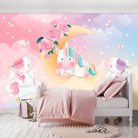 Флизелиновые детские фотообои в комнату 416x254 см Дети Девочки Пастель Единороги и розы (14094VEXXXL) +клей
