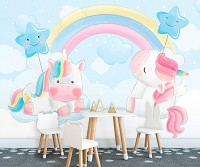 Флизелиновые фотообои для девочек 416x254 см Дети Единороги Пастель Акварель Радуга (14095VEXXXL) +клей