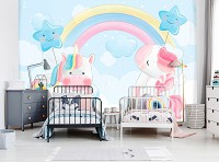 Флизелиновые фотообои для девочек 416x290 см Дети Единороги Пастель Акварель Радуга (14095VEXXXXL) +клей
