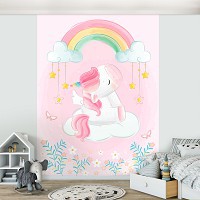 Флизелиновые фотообои облака небо 184x254 см Дети Девочки Единорог Радуга Розовый (14096V4A)+клей