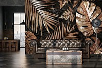 Флизелиновые фотообои искусство 312x219 см 3D Цветы - Большие Золотые и Черные Листья (14107VEXXL) +клей