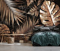 Флизелиновые фотообои 3D Цветы - Большие Золотые и Черные Листья (14107V)+клей