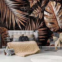 Флизелиновые фотообои в стиле модерн 254x184 см 3D Цветы - Большие Золотые и Черные Листья (14107V4)+клей