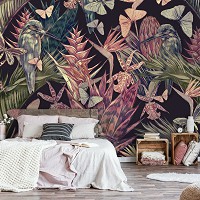 Флизелиновые фотообои в стиле джунгли 312x219 см Природа Тропические растения Бабочки и птицы (14115VEXXL) +клей
