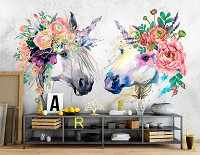 Флизелиновые фотообои для детской 416x254 см Арт Единороги Лошади Цветы Бохо (14126VEXXXL) +клей