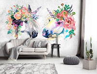 Флизелиновые фотообои для девочке в комнату 368x254 см Арт Единороги Лошади Цветы Бохо (14126V8) +клей