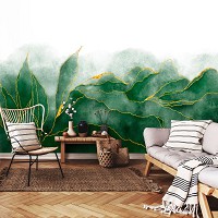 Флізелінові фотошпалери 520x318 см Зелене листя аквареллю на білій стіні (14127VEXXXXXL) +клей