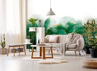 Флізелінові фотошпалери для спальні 416x290 см Зелене листя аквареллю на білій стіні (14127VEXXXXL) +клей