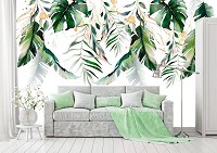 Флізелінові фотошпалери на стіну 368x280 см Зелене та золоте ботанічні листя на білій стіні (14128V10) +клей