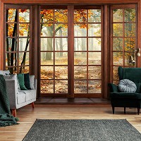 Флизелиновые фотообои 3д природа 312x219 см Пейзаж Осенний лес за большим окном (14129VEXXL) +клей