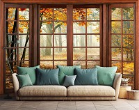 Флізелінові фотошпалери 3д природа 416x254 см краєвид Осінній ліс за великим вікном (14129VEXXXL) +клей