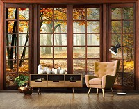 Флізелінові фотошпалери природа 416x290 см 3D краєвид Осінній ліс за великим вікном (14129VEXXXXL) +клей