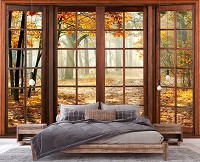 Флизелиновые фотообои природа 254x184 см 3D Пейзаж Осенний лес за большим окном (14129V4)+клей