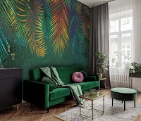 Флизелиновые фотообои джунгли в интерьере 520x318 см Большие пальмовые листья на темно-зеленом фоне (14133VEXXXXXL) +клей