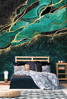 Флизелиновые фотообои в коридор 368x254 см Структура Темно-зеленый мрамор с золотом (14134V8) +клей