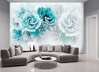 3д флизелиновые фотообои 254x184 см Абстрактные бирюзовые фарфоровые цветы (14150V4)+клей