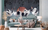 Флизелиновые фотообои в интерьере 416x254 см Арт Птицы Журавли танцуют под луной (14154VEXXXL) +клей