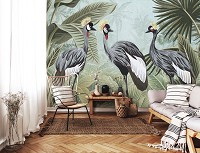 Флизелиновые фотообои в зал 416x254 см Природа Растения Джунгли Журавли Птицы (14155VEXXXL) +клей