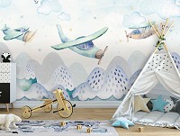 Повторяющийся узор на флизелиновых фото обоях 416x290 см Скандинавские Для детей Самолеты в облаках (14157VEXXXXL)+клей