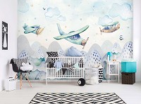 Флизелиновые фотообои для мальчиков 368x254 см Скандинавские Для детей Самолеты в облаках над горами (14157V8) +клей