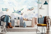 Флизелиновые фотообои для мальчиков 312x219 см Скандинавские Для детей Самолеты в облаках над горами (14157VEXXL) +клей