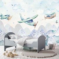 Флизелиновые фотообои для мальчиков 520x318 см Скандинавские Для детей Самолеты в облаках над горами (14157VEXXXXXL) +клей