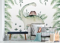 Флизелиновые фотообои для мальчиков 416x254 см Дети Динозавр Зеленые Акварельные Листья (14162VEXXXL) +клей