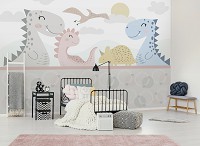 Флизелиновые фотообои детские для мальчика Пастельные веселые динозавры (14164V)+клей