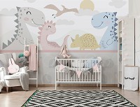 Флизелиновые фотообои для мальчика 254x184 см Для детей Пастельные веселые динозавры (14164V4)+клей
