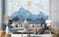 Флизелиновые фотообои Арт Синий горный пейзаж в стиле Бохо (14165V)+клей