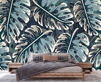 Сучасні флізелінові фотошпалери 416x254 см Природа Листя Монстера Блакитна Ботанічна (14167VEXXXL) +клей