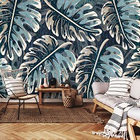 Флізелінові фотошпалери в стилі модерн 254x184 см Природа Листя монстери сині ботанічні (14167V4)+клей