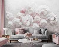 Популярные флизелиновые фотообои 368x254 см Цветы 3D Белые пионы на кирпичной стене (14171V8)+клей