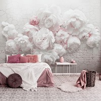 Красивые флизелиновые фотообои на кухню 254x184 см Цветы 3D Белые пионы на кирпичной стене (14171V4)+клей