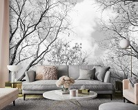 Флизелиновые фотообои пейзаж 416x290 см Черно-белый лес Природа Деревья Небо Ветки (14184VEXXXXL)+клей