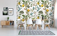 Флизелиновые фотообои сочные фрукты 416x254 см Природа Растения Лимоны Птицы Листья (14190VEXXXL)+клей