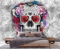 Красивые флизелиновые фотообои на кухню 368x254 см Искусство Белый череп и цветы на бетоне (14195V8)+клей