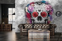 Флизелиновые фотообои для спальни 368x280 см Искусство Белый череп и цветы на бетоне (14195V10)+клей