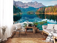 Флизелиновые 3D фотообои на кухню 368x254 см Отражение гор и неба в озере (14197V8)+клей