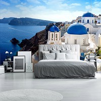 Комната с флизелиновыми 3D фотообоями город 254x184 см Греция Пейзаж Санторини (14198V4)+клей