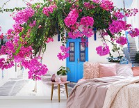 Пейзаж флизелиновые 3D фотообои 312x219 см Греция Греческая улица Розовые цветы (14199VEXXL)+клей