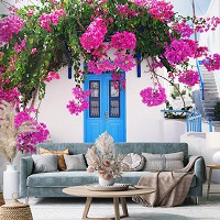 Любовь флизелиновые 3D фотообои 416x290 см Греция Греческая улица Розовые цветы (14199VEXXXXL)+клей