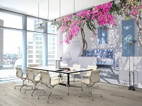 Комната с флизелиновыми фото обоями города 416x254 см 3D Греция - белый дом с цветами (14200VEXXXL)+клей