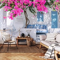 3d флизелиновые фотообои города 254x184 см Греция - белый дом с цветами (14200V4)+клей