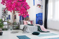 Флизелиновые фотообои пейзаж 416x254 см 3D Дерево с цветами на белой греческой улице (14201VEXXXL)+клей